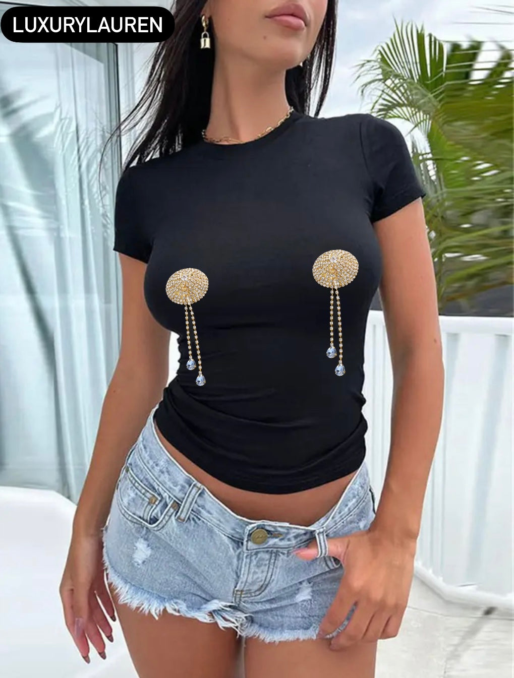 Black Rhinestone DIY Tassel Tee (gold & silver)